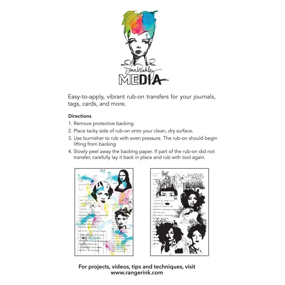 Ranger Media rub-on transfers instructions with illustrations on a white background