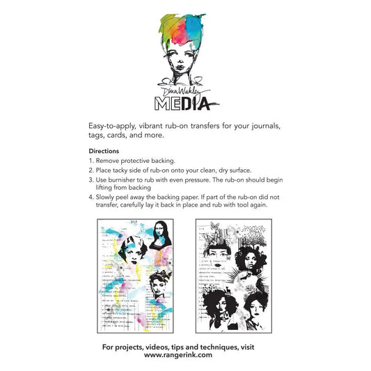 Ranger Media rub-on transfers instructions with illustrations on a white background