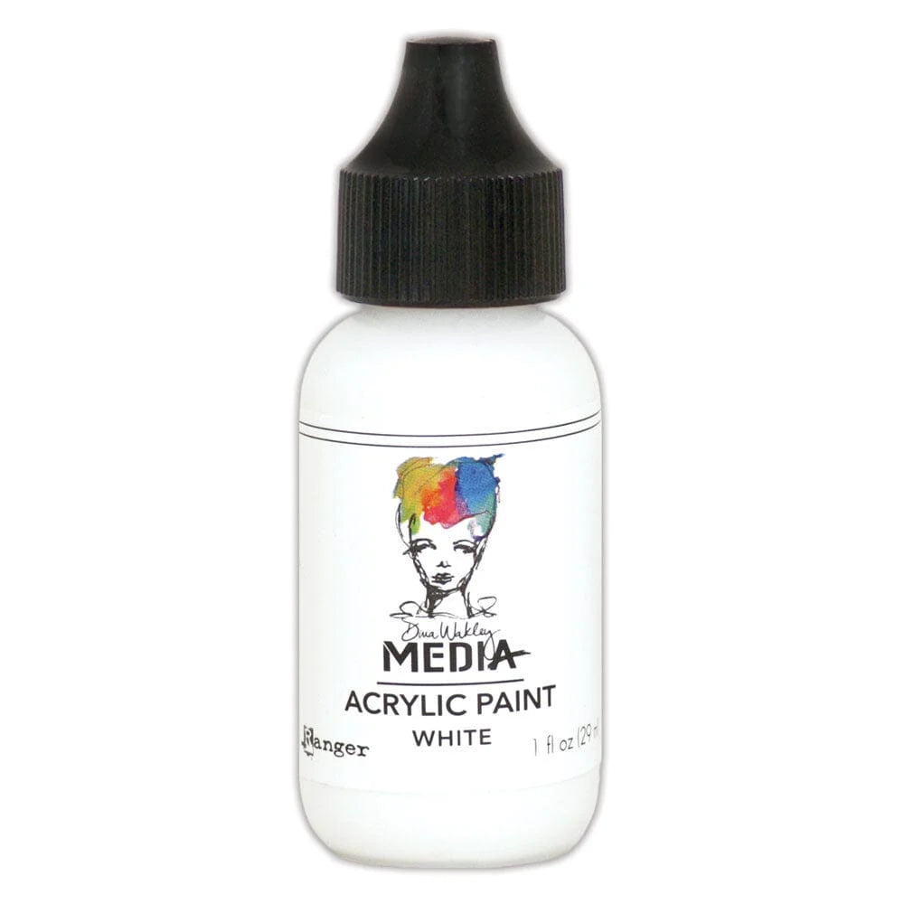 Bottle of acrylic paint with a colorful label on a white background