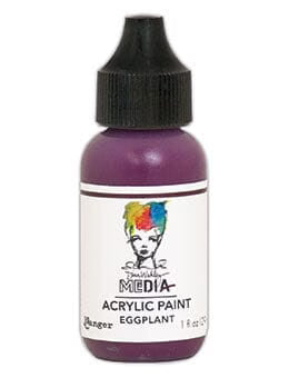 A bottle of Dina Wakley Media acrylic paint in the shade Eggplant, featuring a purple paint visible through the bottle, a black dropper cap, and a white label logo.