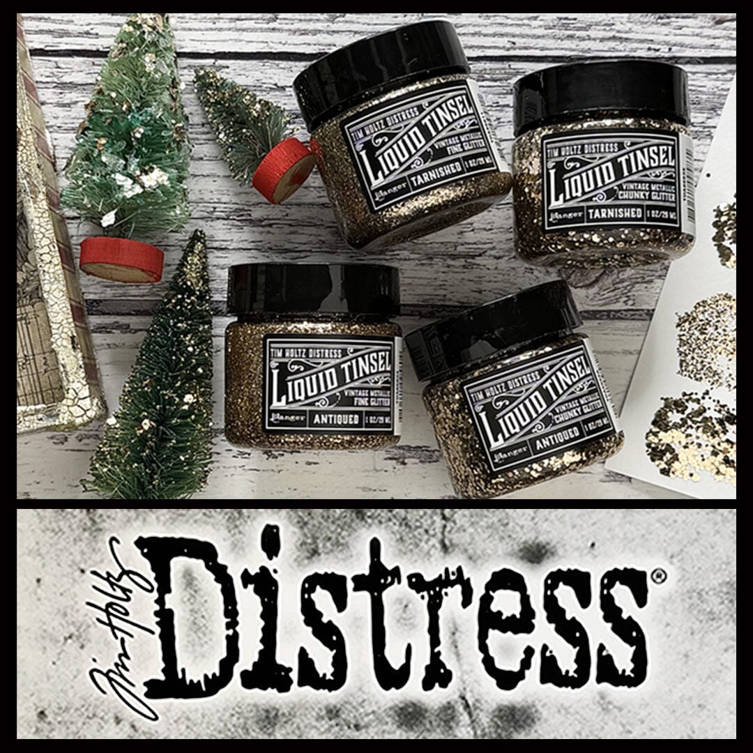 Four jars of Tim Holtz Distress Liquid Tinsel in the 'Antiqued' finish, displayed on a rustic white wood background with miniature Christmas trees and a large 'Distress' logo banner at the bottom.