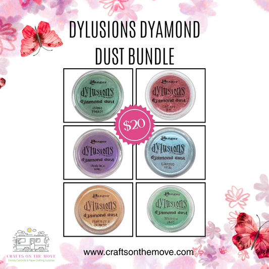 Dylusions Diamond Dust Bundle with colorful powders and a pink butterfly on a white background.