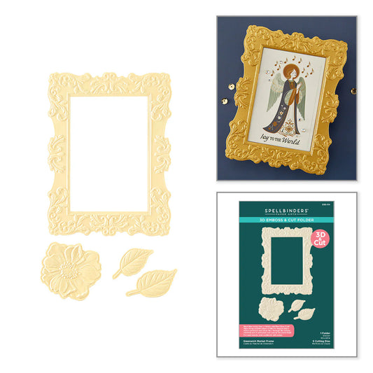 Decorative frame, cutout leaves, and Spellbinders 3D envelope & cut folder on a white background