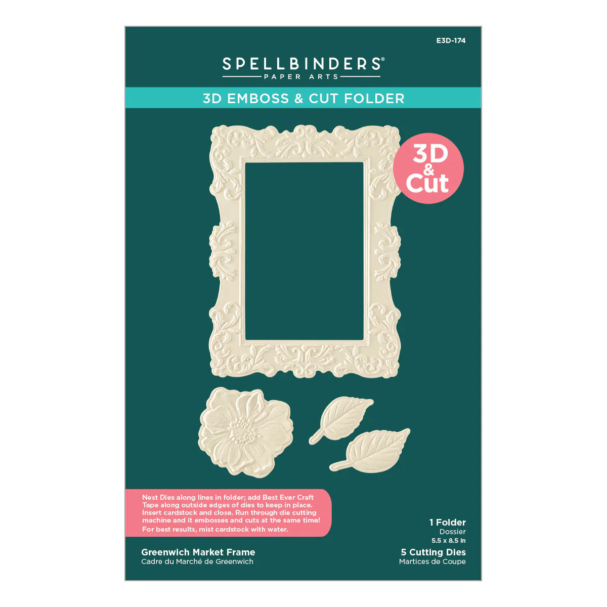 Spellbinders 3D Emboss & Cut Folder packaging with embossed frame and leaves on a teal background