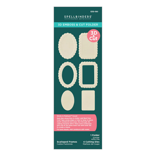Spellbinders 3D Emboss & Cut Folder packaging, featuring a dark teal card with cream-colored embossed frame templates, a pink '3D & Cut' badge, and product details at the bottom.