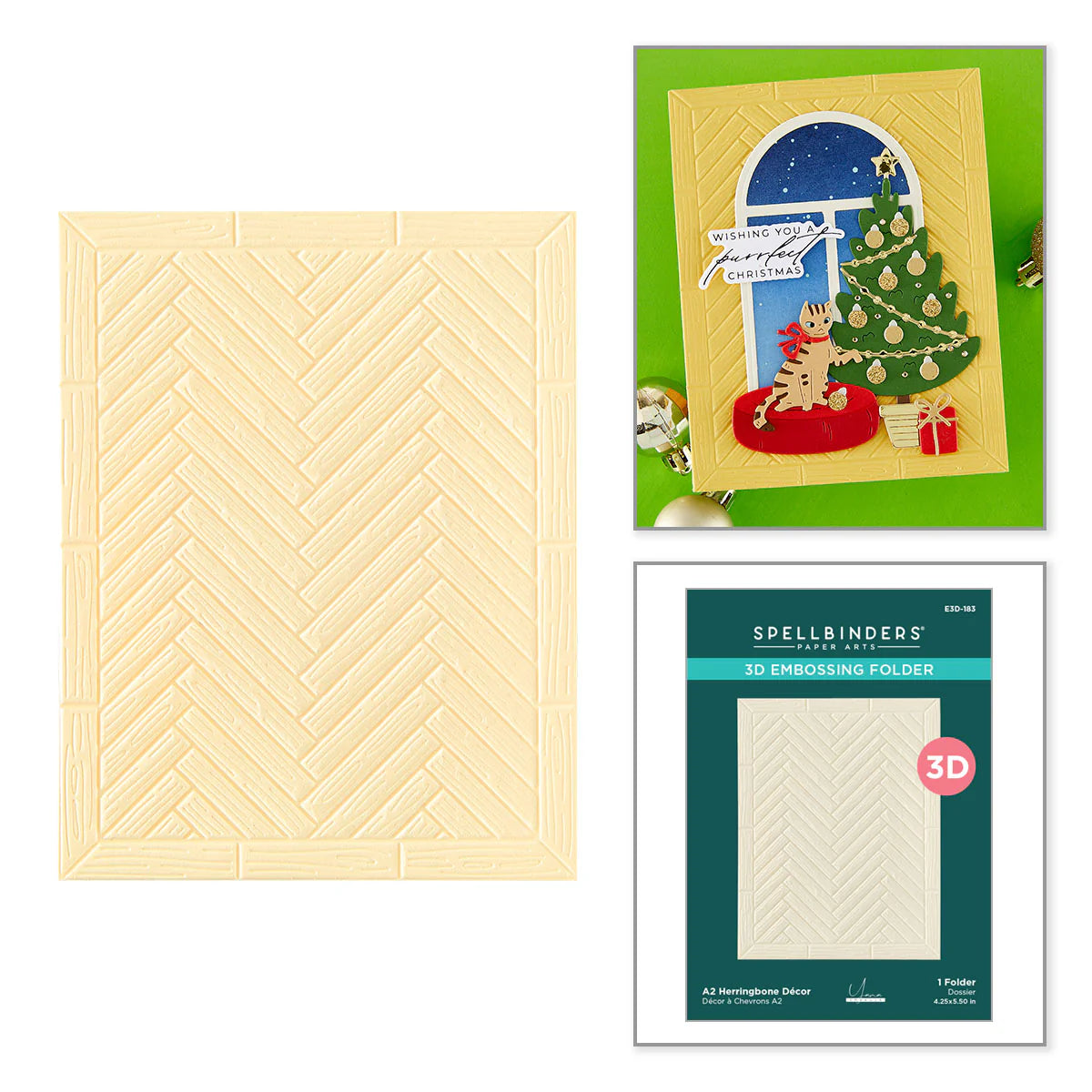 Herringbone Decor embossing folder with cat and Christmas tree card design