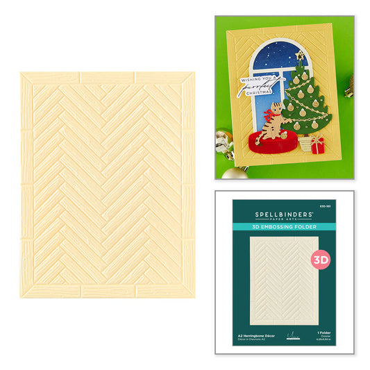 Herringbone Decor embossing folder with cat and Christmas tree card design
