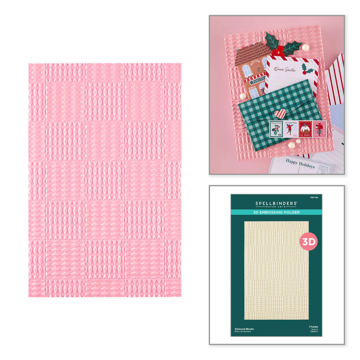 Diamond Blocks embossed background with holiday envelope and gingerbread house card