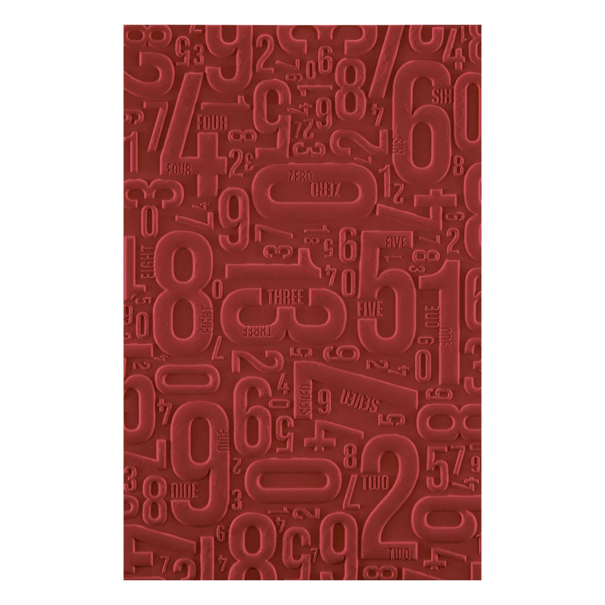 A rectangular red textured mat featuring an embossed pattern of various numbers and digits in a monogram-style design, shown against a plain white background.