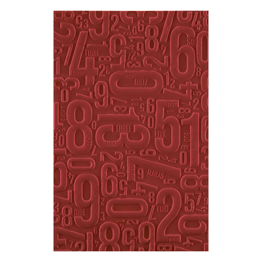 A rectangular red textured mat featuring an embossed pattern of various numbers and digits in a monogram-style design, shown against a plain white background.
