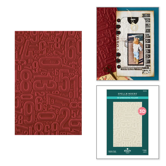 Red embossed notebook with a photo frame and a green and white embossing folder on a white background