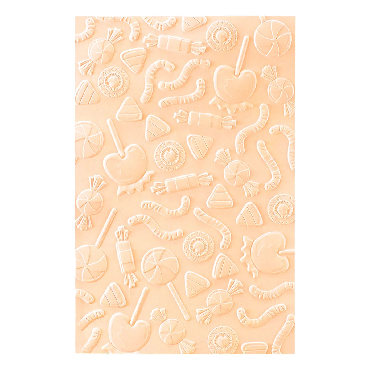 A rectangular sheet of pale peach-colored embossed paper featuring a repeating pattern of 3D candy and dessert motifs, shown against a plain white background.