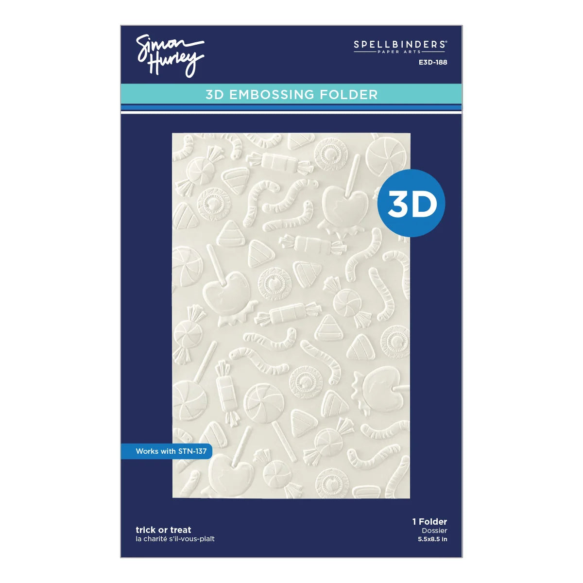 Spellbinders 3D Embossing Folder by Susan Hurley, model EST-586. The product is shown in its retail packaging, featuring a navy blue border with white and light blue text, and a clear window displaying the white embossed paper folder inside.