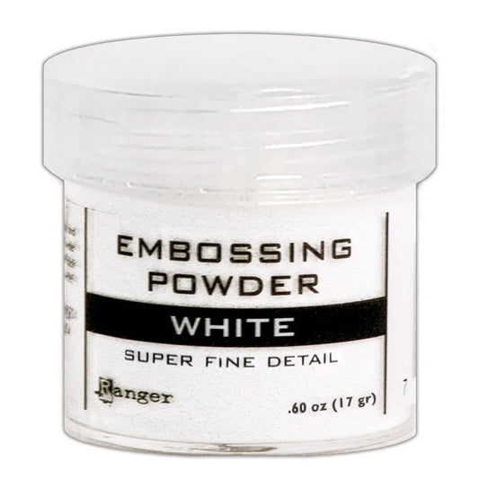 Jar of white embossing powder with a label on a white background