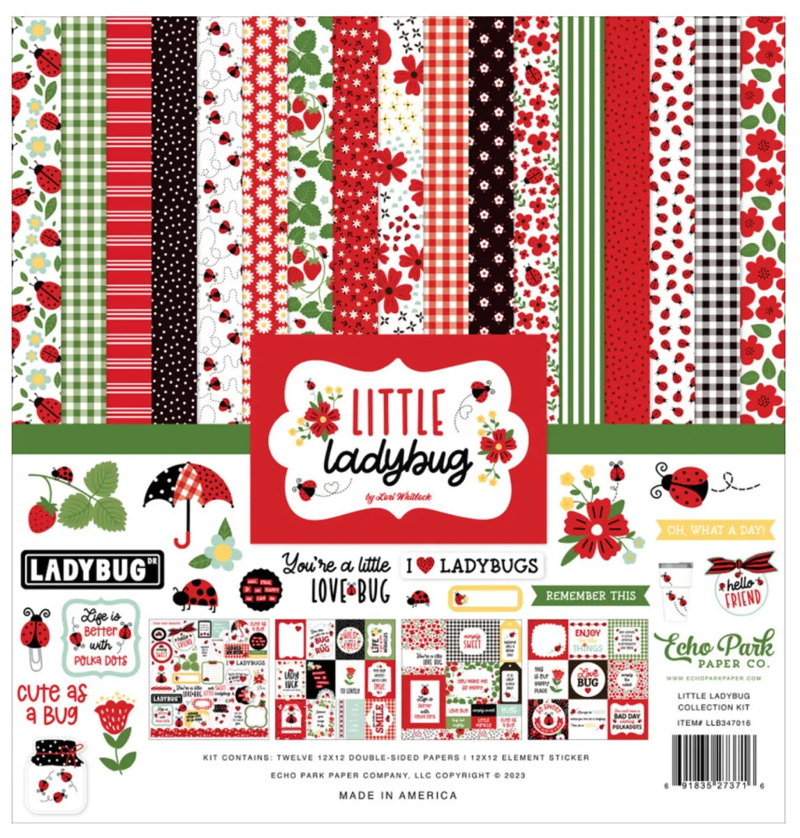 A scrapbook paper and sticker kit package labeled 'Little Ladybug' by Echo Park Paper Company. The package shows multiple red, black, white, and green patterned paper strips, plus sample stickers including ladybugs, flowers, stripes, and text elements.