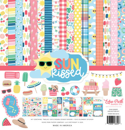 Collection of colorful paper sheets with 'Sun Kissed' design and Echo Park branding.