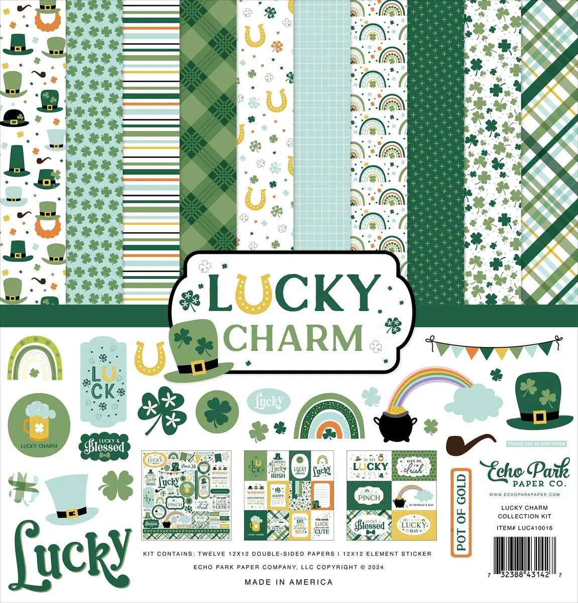 Collection of paper sheets with St. Patrick's Day-themed designs and 'Lucky Charm' branding by Echo Park