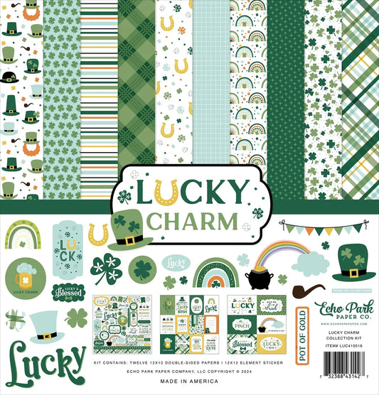 Collection of paper sheets with St. Patrick's Day-themed designs and 'Lucky Charm' branding by Echo Park