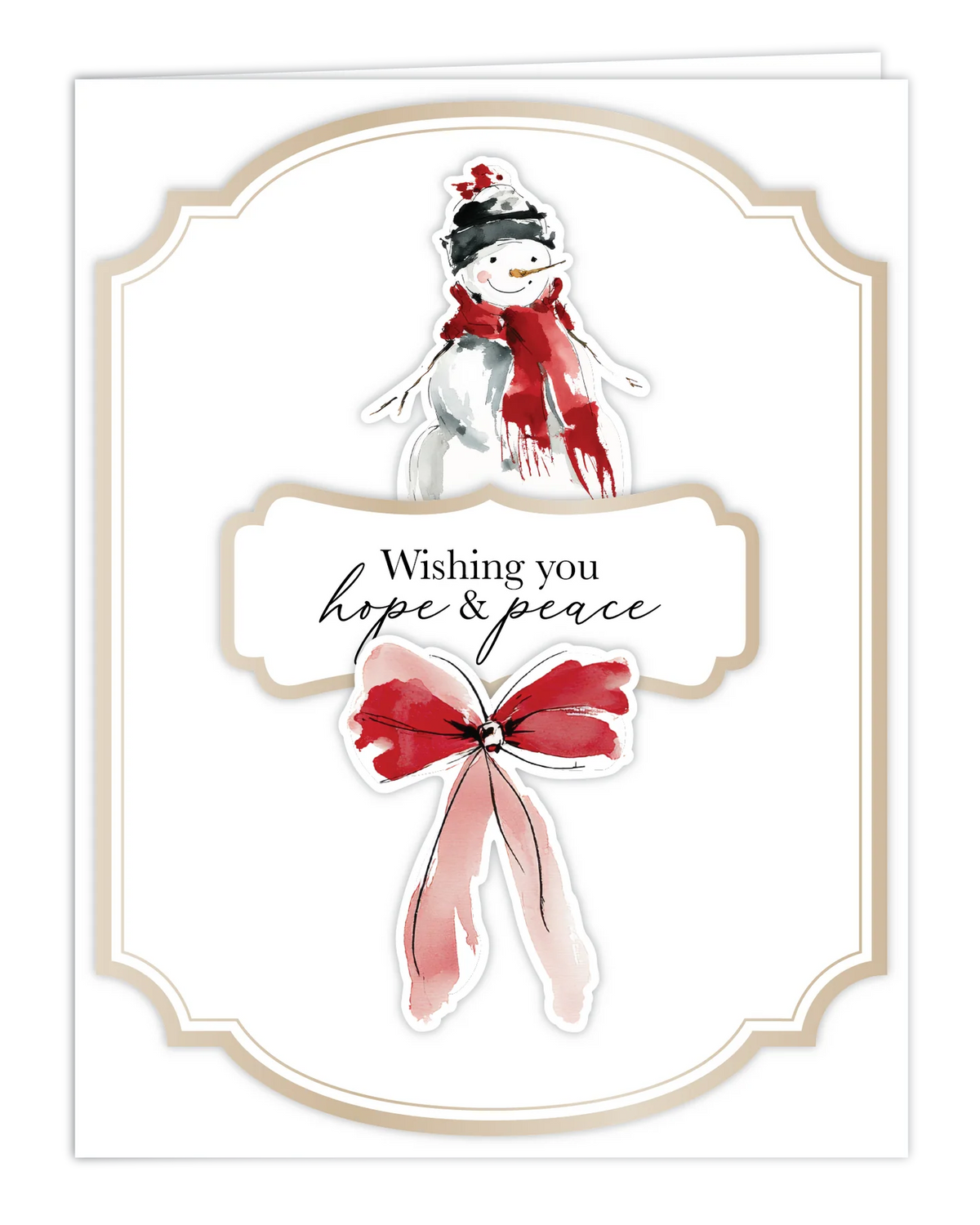 A square holiday greeting card with a white background, featuring a watercolor snowman in a red scarf and hat above a large red bow, with the text 'Wishing you hope & peace' in black script.