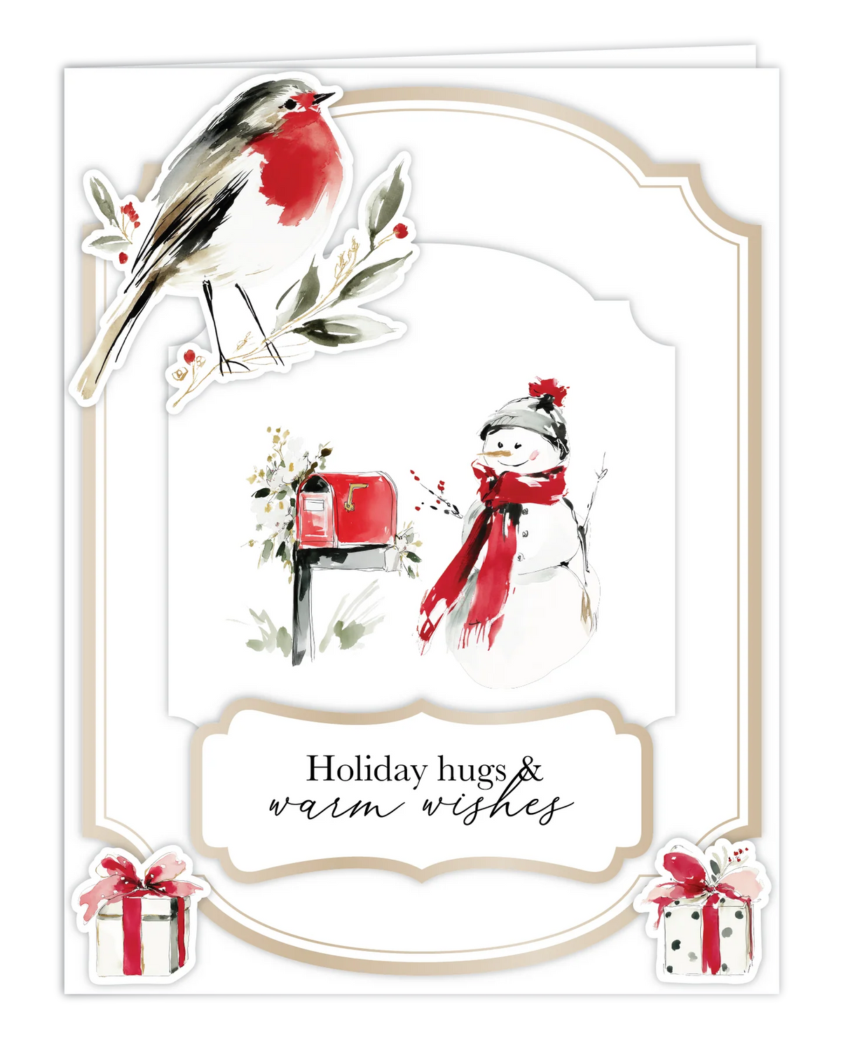 A festive layered card design featuring a robin perched on a branch with red berries, a snowman wearing a red scarf next to a red mailbox, and small wrapped gift boxes at the bottom corners. The card reads 'Holiday hugs & warm wishes' in script on a cream label, all on a white background with a subtle beige border.