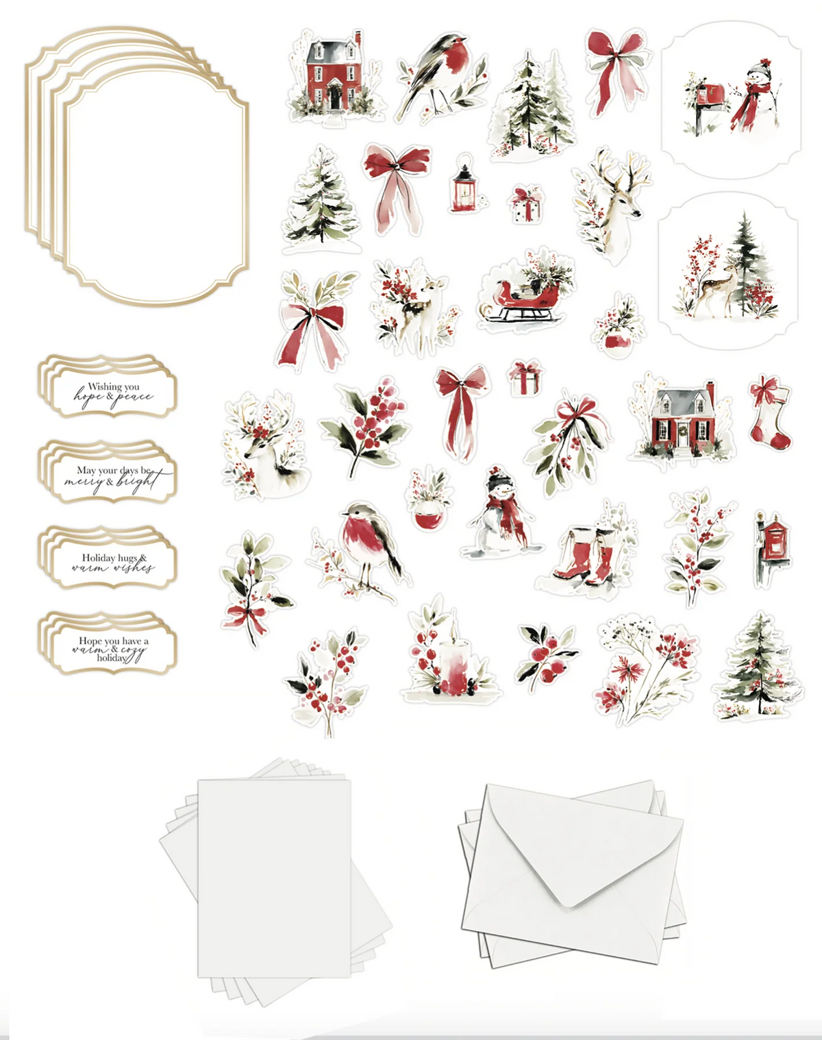 A sheet of Christmas-themed paper embellishments and labels, featuring red bows, red birds, evergreen trees, snowmen, sleighs, gift boxes, and gold-accented frames and tags on a white background.
