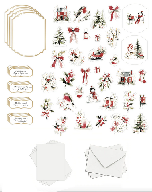 A sheet of Christmas-themed paper embellishments and labels, featuring red bows, red birds, evergreen trees, snowmen, sleighs, gift boxes, and gold-accented frames and tags on a white background.