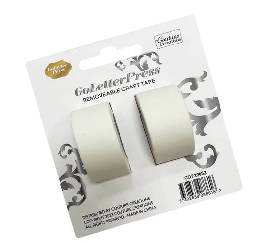 Two rolls of GoLetterPress removeable craft tape on a Couture Creations packaging.