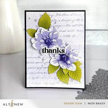 Card with purple flowers and green leaves on a white background, featuring the brand 'Altenew'.