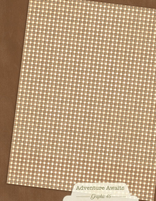 Grid-patterned paper on a brown background with 'Adventure Awaits' text.