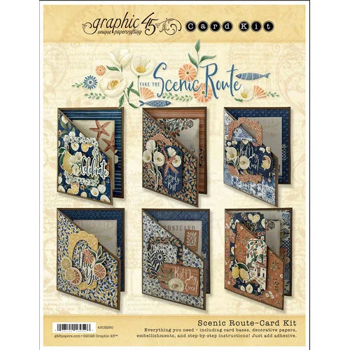 Scenic Route Card Kit by Graphic 45, featuring six illustrated sample card designs with nautical and vintage coastal themes on a cream background with decorative floral graphics.