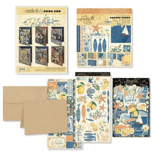 Collection of card making supplies including paper pack and envelopes with coastal mediterranean theme.