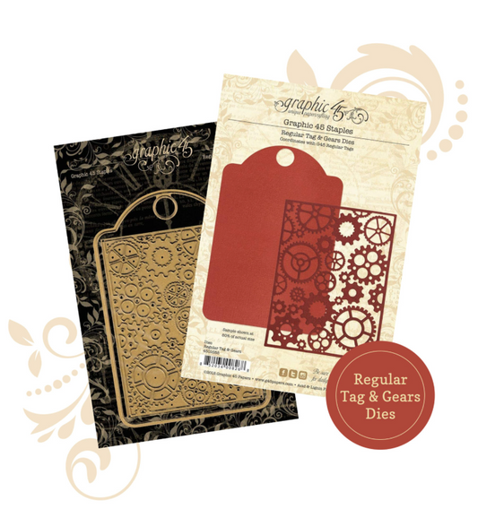 Graphic 45 Regular Tag and Gears die set to coordinate with ivory and black regular tags for paper crafting