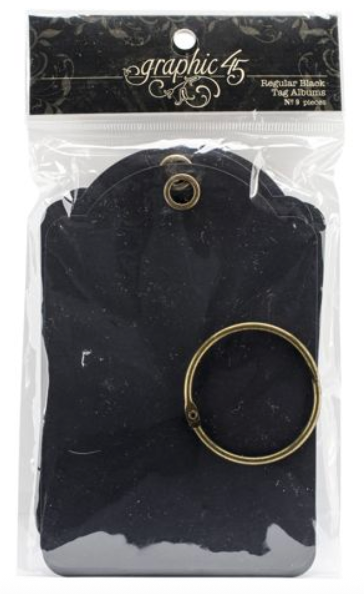 Graphic 45 Regular Tags Black package of  8 tags and 1 metal ring for albums and paper crafting projects