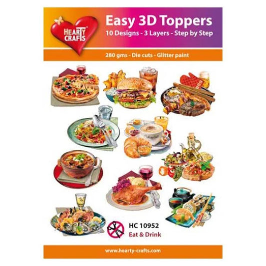 Hearty Crafts Easy 3D Toppers packaging card for HC 10952, featuring 10 food and drink designs, 3 layers, 280 gms glitter paint, and an 'Eat & Drink' category.