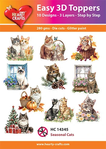 Hearty Crafts Easy 3D Toppers packaging with cat designs on an orange background