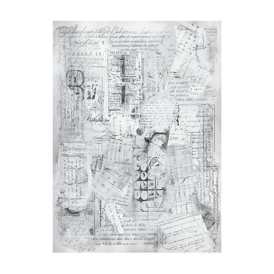 A vertical rectangular art print featuring a collage of vintage handwritten letters, postmarks, stamps, and faded script in monochrome gray tones on a white background.