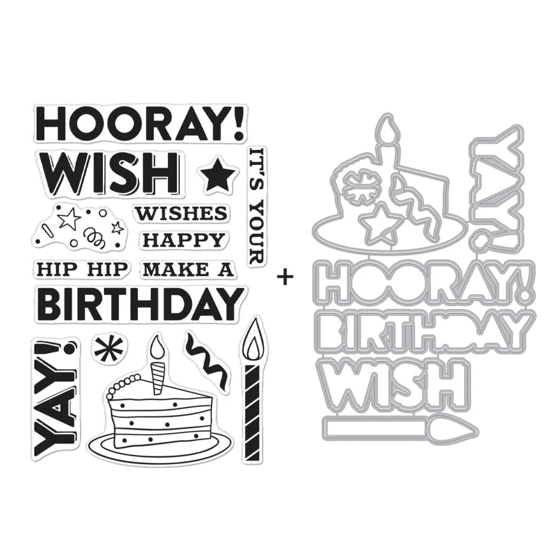 Set of black birthday-themed stamps and dies on a white background