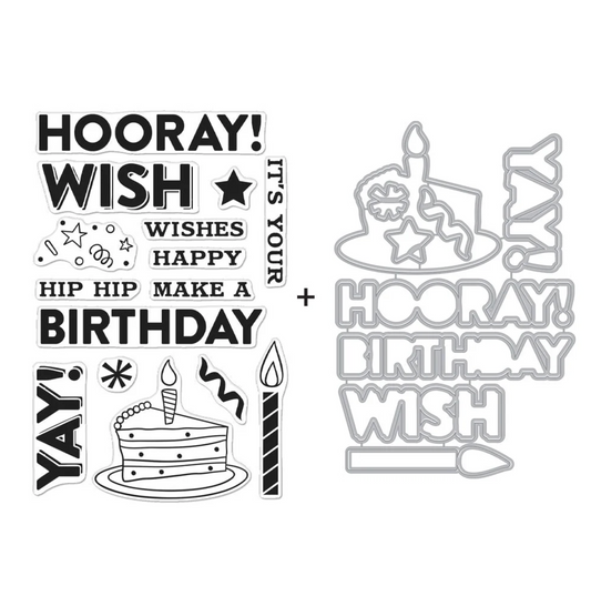 Set of black birthday-themed stamps and dies on a white background