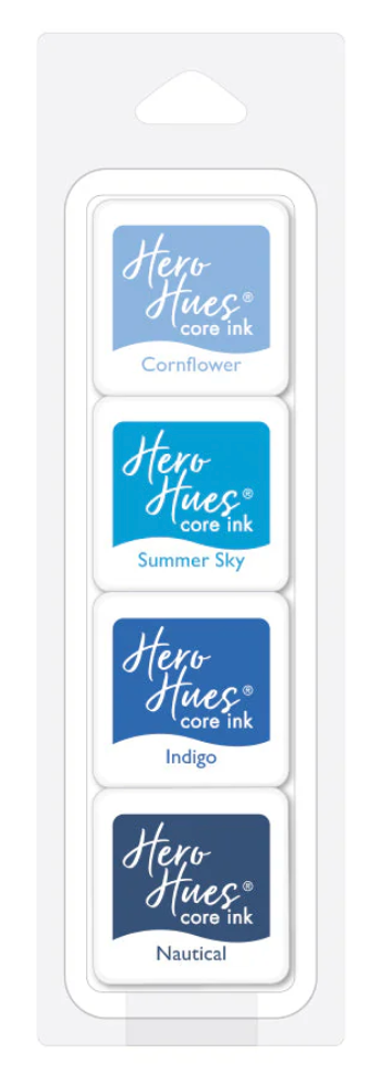Four Hero Arts ink core cube packs in a row, with labels in green and white colors indicating the ink color.