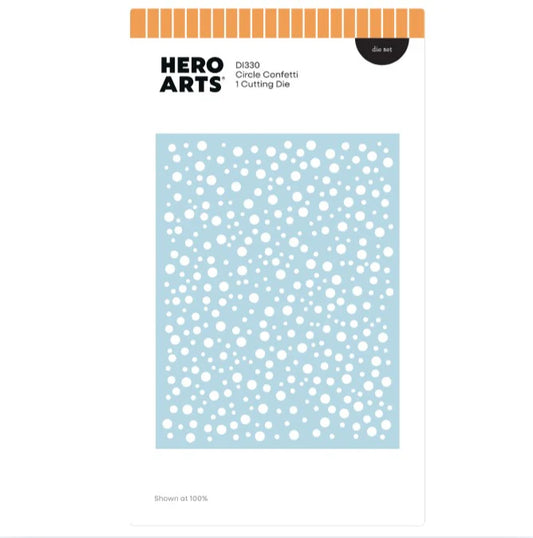 Hero Arts circle confetti cutting die packaging with blue background and white dots.