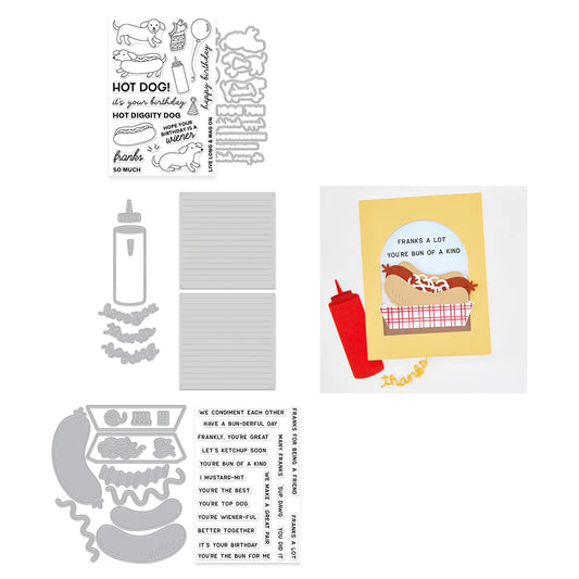 Collection of clear stamps and die-cut elements with humorous designs on a white background.