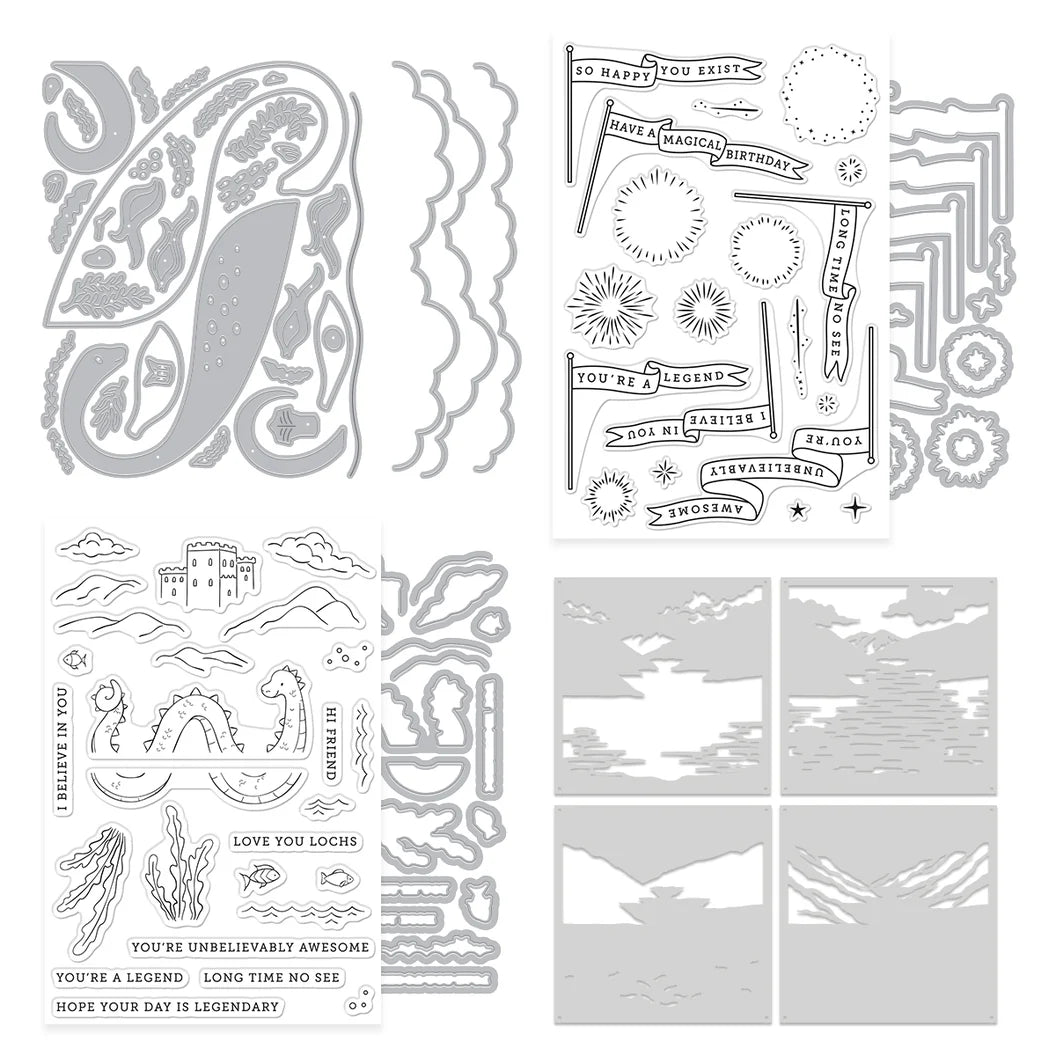 Collection of various design elements including paisley patterns, text phrases, and landscape illustrations on a white background.