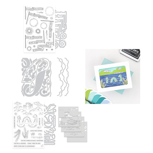 Set of metal dies with various shapes and designs, including a card with a dinosaur illustration.
