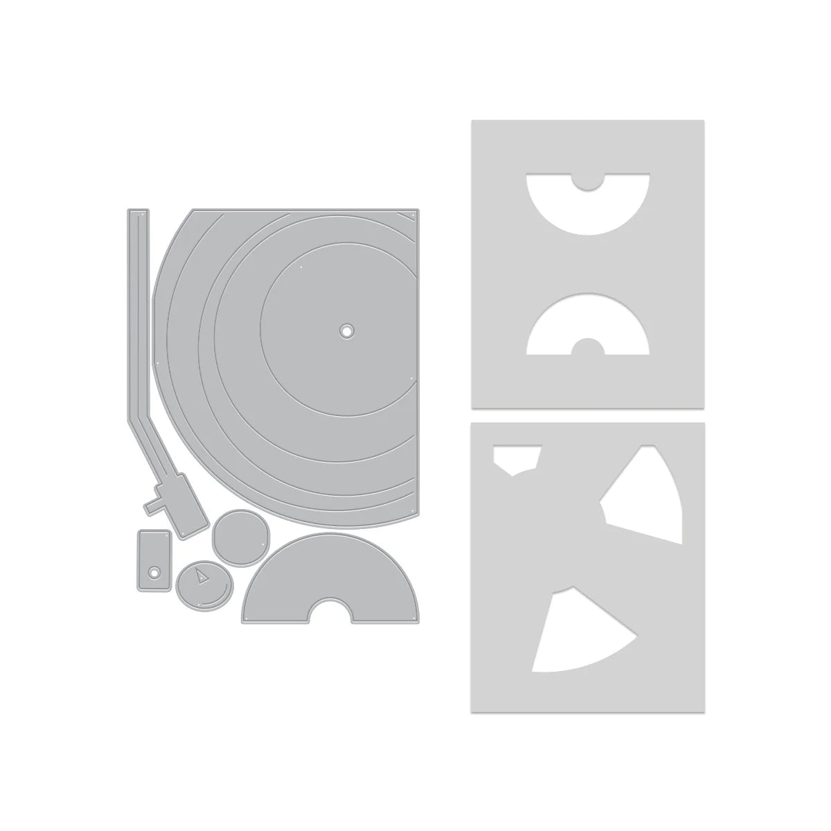 Set of vinyl record and turntable metal dies shapes on a white background