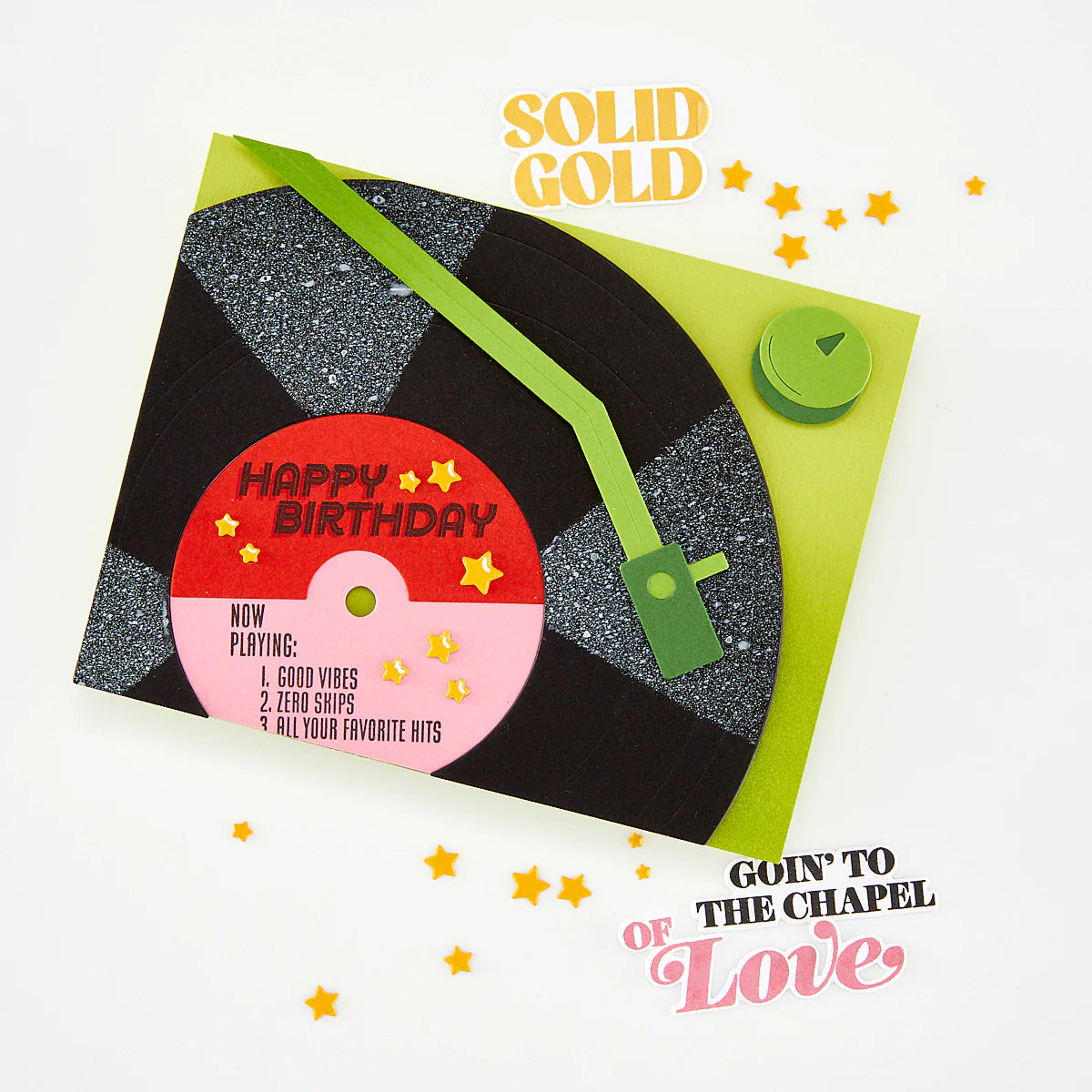 Record album cover with 'Happy Birthday' text and vinyl record design on a white background