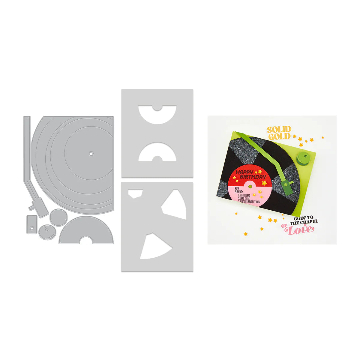 Vinyl record-themed cutting dies and packaging on a white background