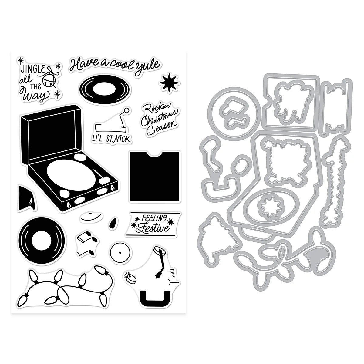 Set of record themed stamps and dies on a white background
