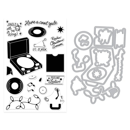 Set of record themed stamps and dies on a white background
