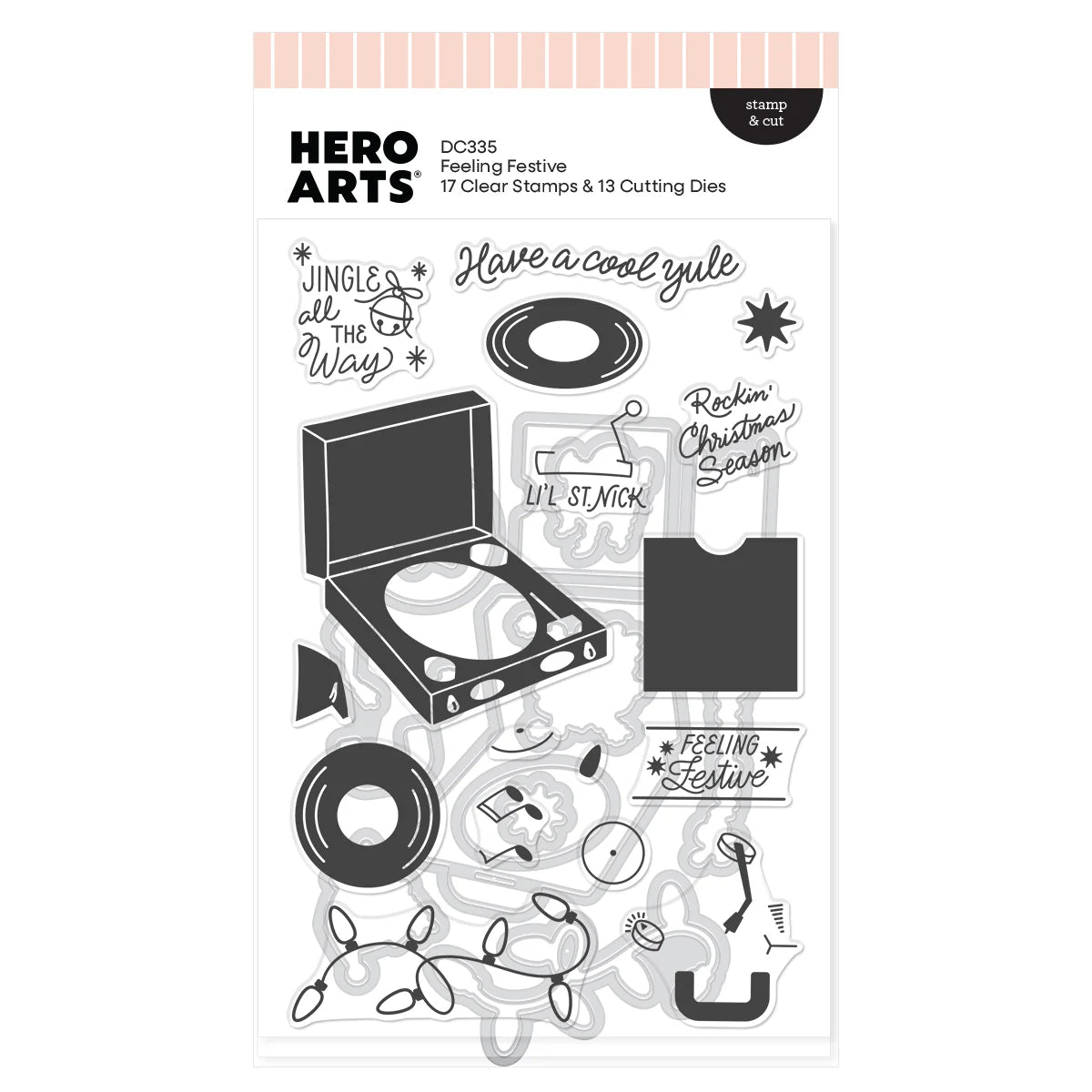 Hero Arts stamp and die set packaging with black and white illustrations on a white background