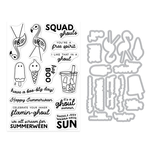 Clear stamps with Halloween-themed designs and text on a white background